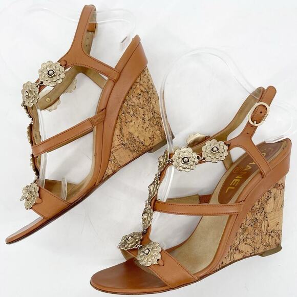 Chanel EU 37 2012 Cruise Tan Leather Camellia Flower T-Strap Cork Wedge Sandals - Picture 6 of 16